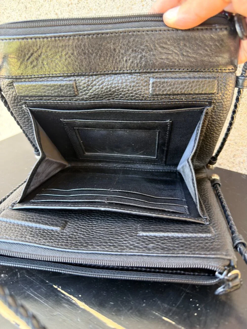 BRIGHTON Women's Black Leather Organizer Crossbody Handbag Braided Straps Hearts